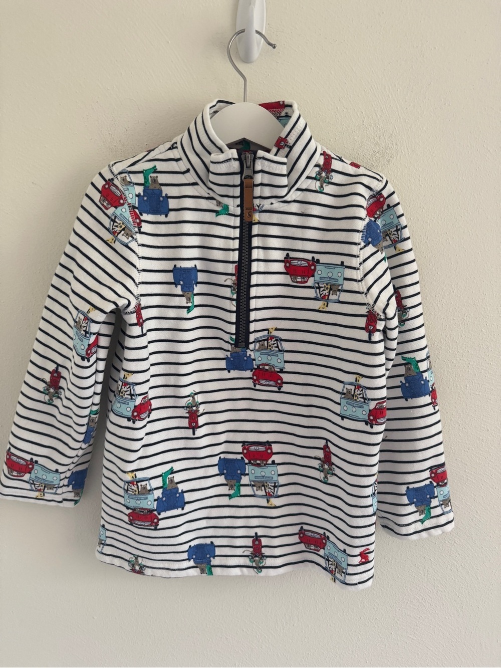 Kids Joules White Navy Striped Pullover with Colorful Vehicle Motif